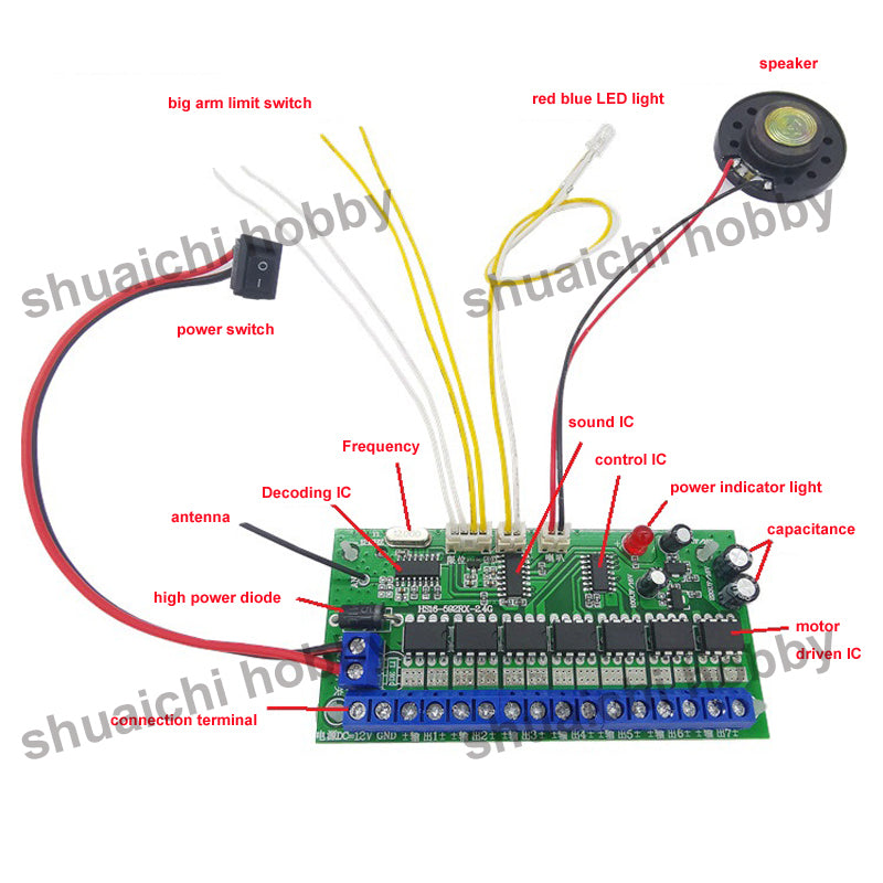 1set 16CH 2.4G Remote Controller 6-12V Receiver Board Wireless Kit for Excavator Car Model